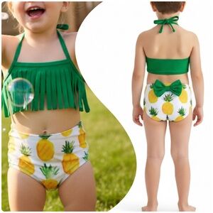 3pcs Baby Girls Pineapple Print Swimsuit Tops & Bottoms & Headband